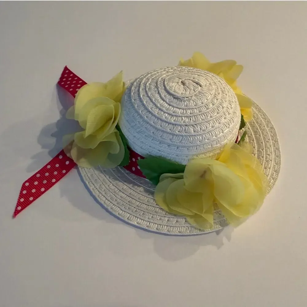 White Straw Miniature Dog Sun Hat Yellow Flowers Red Polka Dot Ribbon Easter